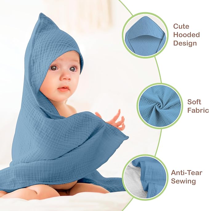 Organic Cotton Muslin Baby Hooded Towels - 32x32 Inch, 2 Pack Newborn Bath Towels for Boys & Girls, Soft & Absorbent Bath Set (Deep Blue/Aquarius)