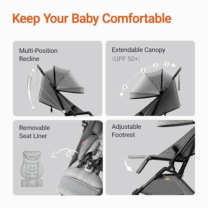 MAMAZING Lightweight Baby Travel Stroller with Carbon Fiber Frame, Compact & Airplane-Friendly, One-Handed Folding Design, 11.6 lbs, Perfect for Toddlers, Organizer & Cushion Included, Grey