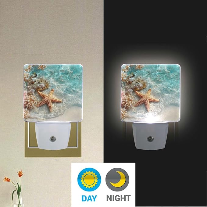 Aslsiy Night Light for Kids Starfish and Coral Summer Beach Sea (1) Plug in Wall Lamp LED Dusk to Dawn Sensor Energy Saving Nightlight for Boys Girls Men Women