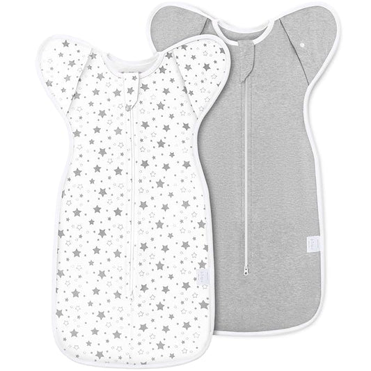 2-Pack Baby Transitional Swaddle Sleep Sack - Arms Up Transitional Swaddles with Removable Cuffs & 2-Way Zipper, Gray Stars Design, Breathable Cotton Sleep Sack (6-9 Month)