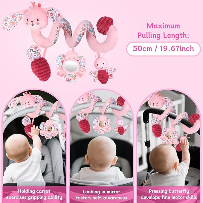 Hanging Car Seat Toys, Spiral Crib & Stroller Activity Toys with Rattles for Babies 0-6 Months, Baby Car Seat Accessories Toy for Developing Sensory & Motor Skills, Gift for Newborn Infant - Rabbit