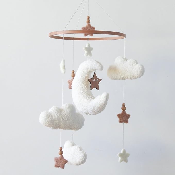 Cloud Crib Mobile for Girls & Boys, Boucle Cloud Baby Mobile for Crib Neutral Boho Nursery Mobile, Stars and Moon
