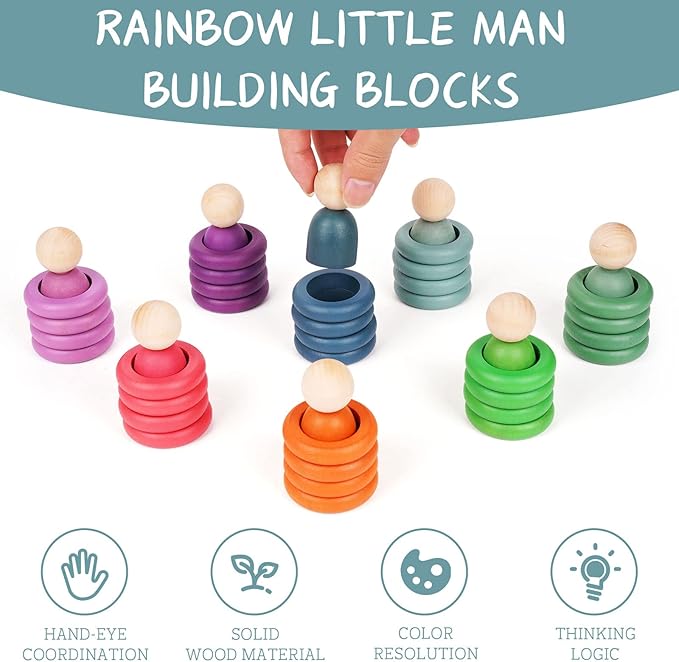 Montessori Toys Wooden Color Sorting Stacking Rings Toy Rainbow Wooden Peg Dolls Counting Toys Circular Building Blocks Stacking Game Preschool Learning Education Fine Motor Skill Toys for Toddlers