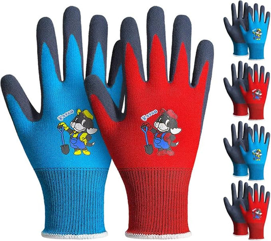 KAYGO Kids Gardening Gloves 4 Pairs - Polyester Seemless knitted with Latex Sandy Finish Coating, KGKID100, Ideal for kids gardening, DIY,Light duty works, and outdoor activities (XXXXS (Age 3-5))