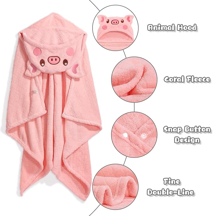 Extra Large Toddler Bath Towels, 50" x 32" Large Absorbent Thick Baby Animal Hooded Towel 2 Pack Set for 0-6 Years Bath Essential for Newborn, Infant and Kids, Grey & Pink
