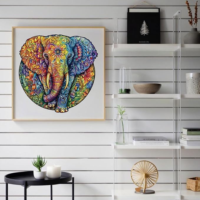 Wooden Jigsaw Puzzle for Adults - Mandala Elephant Unique Animal Shaped, 13.3x13.2in, 300 Pieces, Zen Art, Challenging and Fun Gift