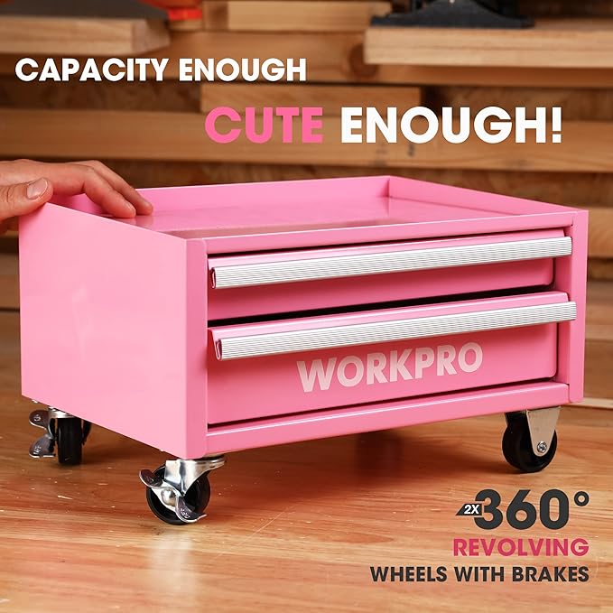 WORKPRO Pink Real Tool Set for Kids with 12 Inch Mini Steel Tool Box with Wheels, 10PCS Kids Real Tools with 2 Drawers Desk Metal Rolling Tool Chest, Children's Tool Kit for Home DIY- Pink Ribbon