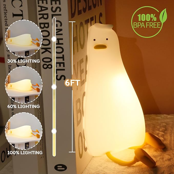 Silicone Night Light for Kids - Squishy Duck Lamp, 3-Level Dimmable & Rechargeable Baby Night Light for Breastfeeding & Nursery | Touch Control, Lying Flat Design, Toddler Safe (Ducky Lay Light)