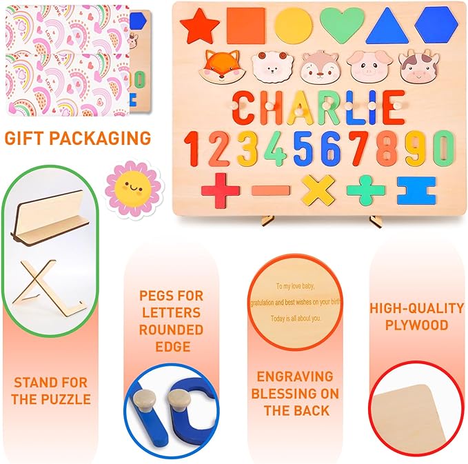 Personalized Wooden Name Puzzle for Toddlers 1-3 - Custom Baby Sensory Toy Easter Basket Stuffers - Early Learning Educational Toys for 1 Year Old Girl - 1st Christmas Birthday Gifts for Girl and Boy