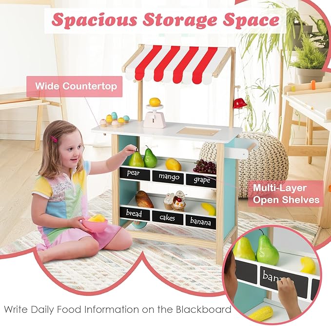 HONEY JOY Kids Ice Cream Cart, Wooden Grocery Store Playset w/6 Pieces Play Food, Realistic Bell & Food Scale, Chalkboard, Pretend Play Dessert Shop Counter Stand Truck, Gift for Boys Girls