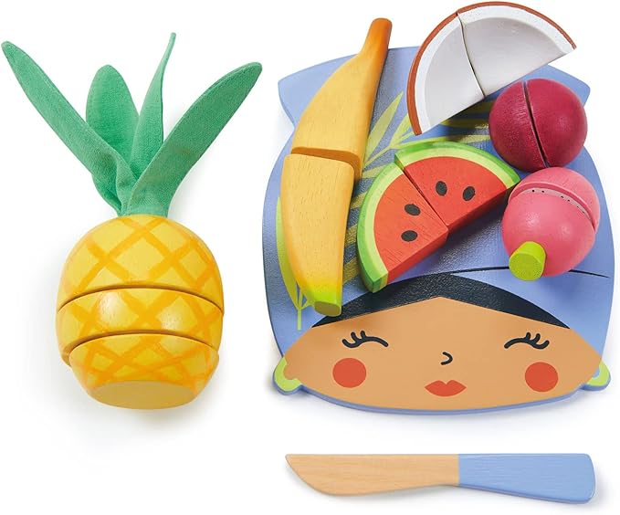 Tender Leaf Toys - Tropical Fruit Chopping Board - Wooden Play Food Set with 6 Choppable Fruits, Wood Knife and Illustrated Board - Improves Fine Motor Skills - Age 2+