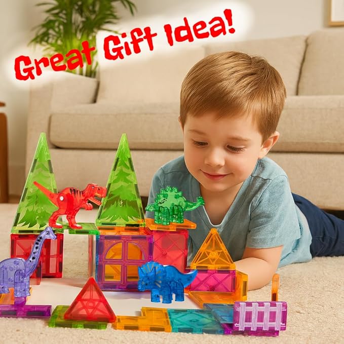 Magnetic Tiles 32 Piece Set, Dinosaur Toys for Kids 3-5, STEM Building Blocks with Trees and Figures, Educational Construction Set for Boys and Girls