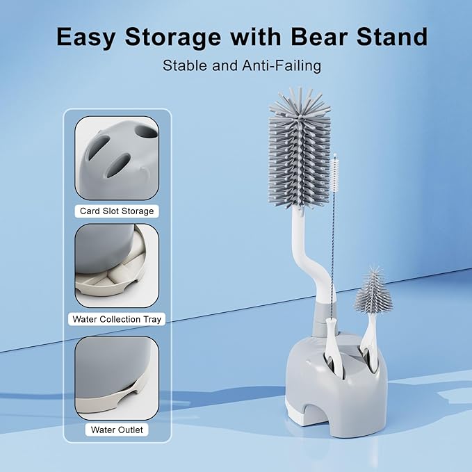 Silicone Bottle Brush Set with Stand, 360° Rotating Bottle Cleaning Brush Cleaner Set, Long Handle 3 in 1 Multipurpose Silicone Baby Bottle Straw Cleaner Brush (Grey)