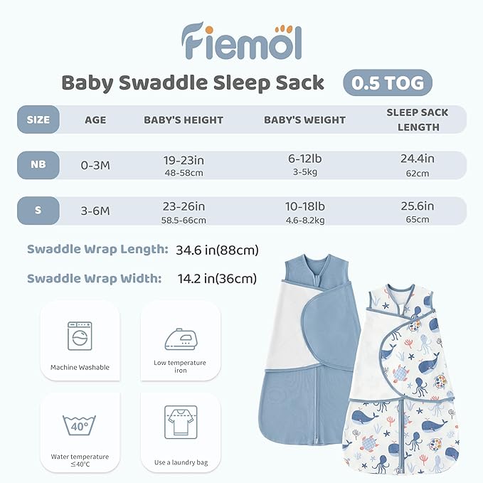 Baby Swaddle Sleep Sack 3-6 Months, Swaddles for Newborns Boy Girl, 3-Way Adjustable Infant Swaddle Wearable Blanket with Zipper & Detachable Wrap, 2 Pack Soft Snug Blue Whale