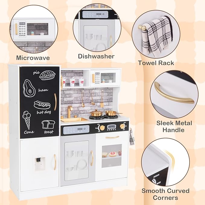 HONEY JOY Upgrade 39 in Kids Kitchen Playset, Large Wooden Little Chef Pretend Toy Kitchen Set w/Chalkboard, Telephone, Utensils, Oven, Microwave, Sink, Storage, Play Kitchen for Toddlers (Golden)