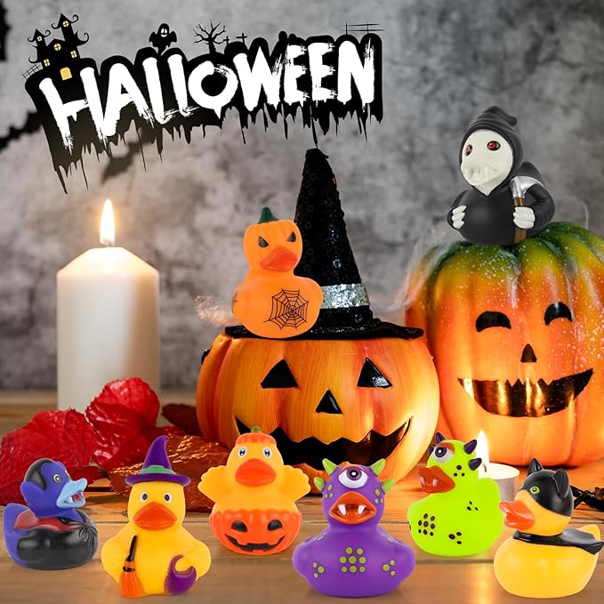 DMSKY 52 Pcs Halloween Rubber Ducks in Bulk, Ducks for Jeeps for Halloween Party Favors, Halloween Basket Stuffers, Gift Exchange, Treat Supplies Goodie Bag Fillers