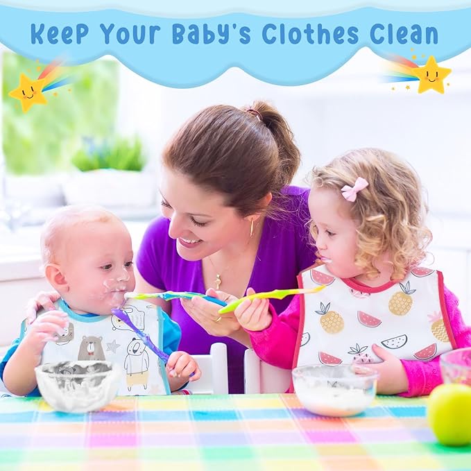 Jeyiour 24 Pcs Baby Waterproof Bibs with Food Catcher Adjustable Snaps Plastic Feeding Bibs for Toddlers, 6 to 36 Months