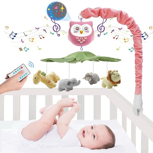 YUNGCHI Baby Crib Mobile with Music and Lights for Boys Musical Mobile Safari Animals for Girl Crib Bassinet Toys Hanging Portable Baby Mobile for Pack and Play Pink