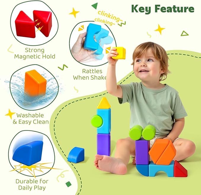 Magnetic Blocks, Large Building Blocks for Toddlers 1-3, Multi-Shape 3D Stacking Blocks Set, Montessori Learning Sensory Magnet Toys for Boys Girls, Kids Gift (14pcs)