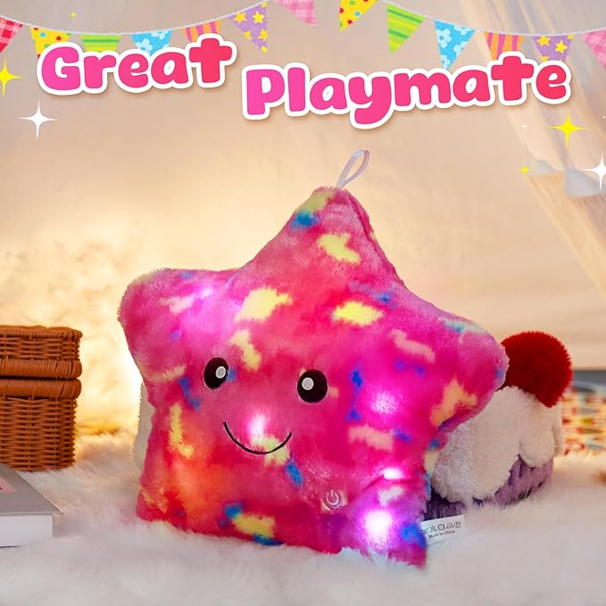WEWILL 13'' Pink Light up Twinkle Star Glowing LED Night Light Plush Toy Pillows Stuffed Animal Birthday Christmas Holiday Valentines Gifts for Toddlers Girls