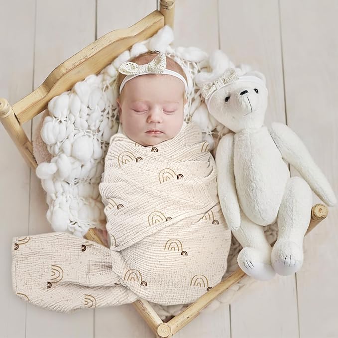 lulumoon Baby Muslin Swaddle Blankets: Soft Receiving Blanket for Newborn - Cotton Swaddling Blanket for Neutral 3Pack(Rainbow Khaiki)