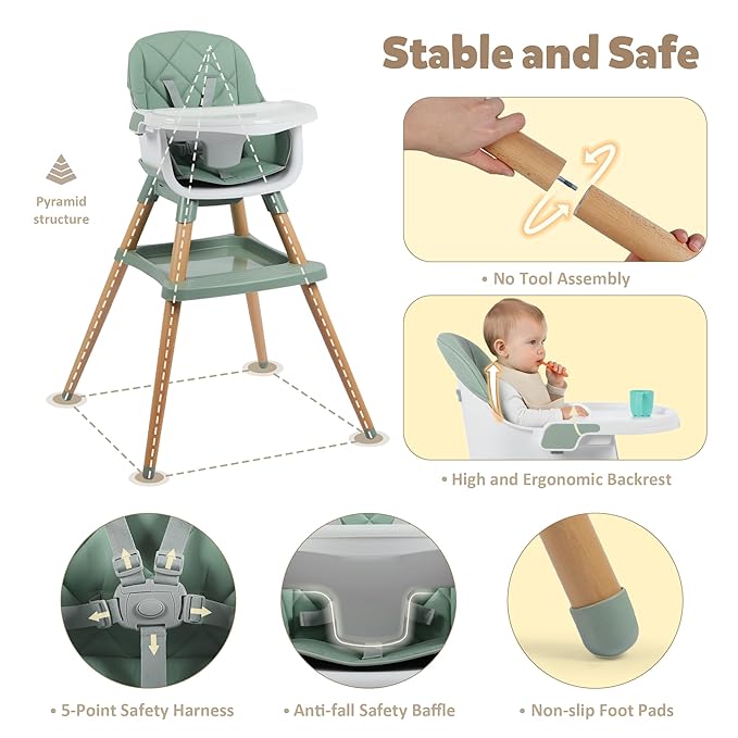 8 in 1 Wooden High Chairs for Babies Toddlers, Convertible to Booster Seat, Baby Feeding Highchair w/ 5-Point Safety Harness, Removable Tray & Cushion, Green