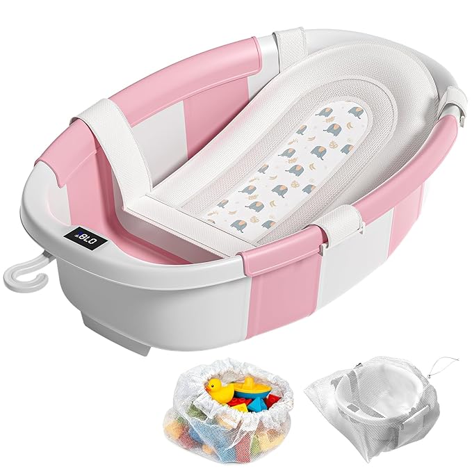 Collapsible Baby Bathtub, Baby Tubs for Newborns with Soft Cushion & Thermometer & Toy Organizer Mesh Bag, Infant Bathtub to Toddler 0-36 Months, Portable Travel Newborn Baby Bathtubs (Pink)