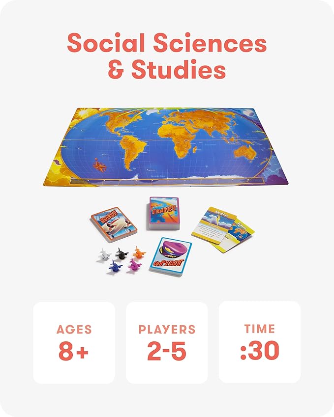 SimplyFun Let’s Jet World Geography Game - Educational Board Game for Kids Ages 8+ - World Travel Game with Map, Cards, and Jet Pawns