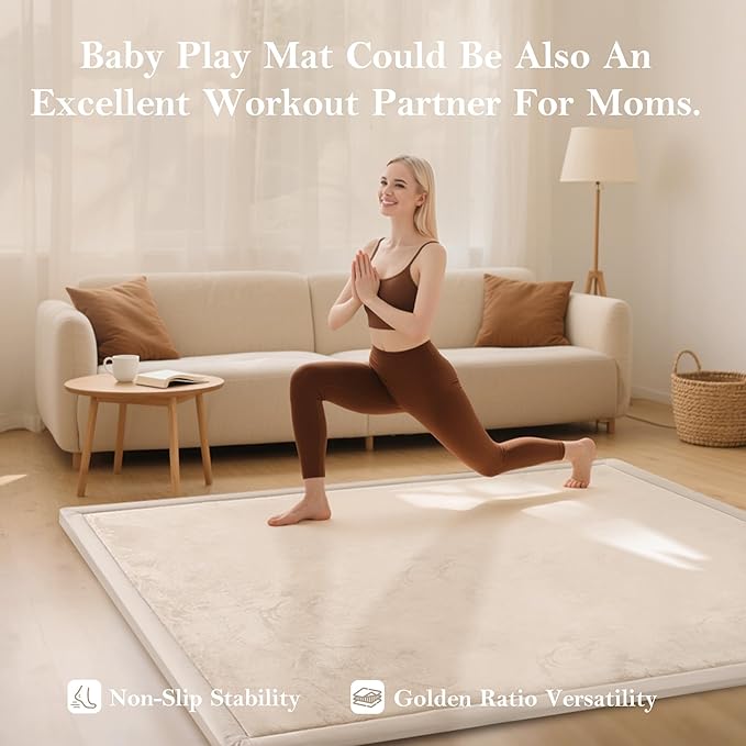 Baby Play Mat for Floor, 1.3" Thick Memory Foam Muscle Playpen Cushion, Soft Coral Velvet Tummy Time Mat with Non-Slip Backing, Water Repellent Child Nursery Rug for Toddlers, Kids (Beige, 39X59)