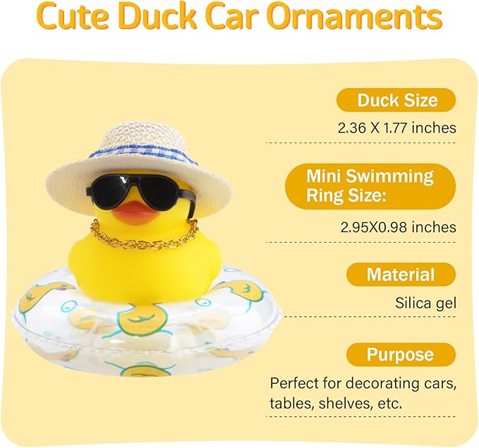wonuu Car Rubber Duck, Yellow Duck Decoration Dashboard with Sun Hat Swim Ring Necklace Sunglasses for Car Dashboard Decorations