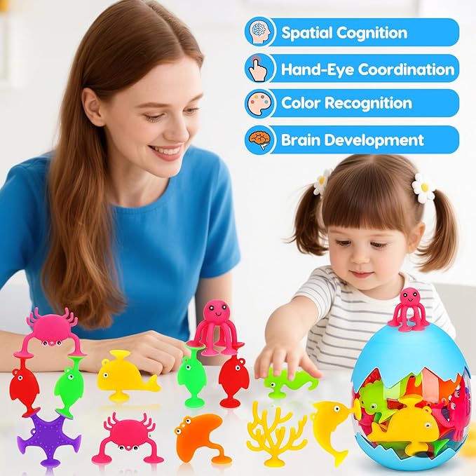 Toddler Suction Cup Bath Toys, Ocean Animal Bath Toys for Kids Ages 3-5 4-8 No Hole Mold Free Bathtub Toys for Toddlers 3-5 Kids Travel Window Building Toys for 3 4 5 Year Old Boys Girls Gifts