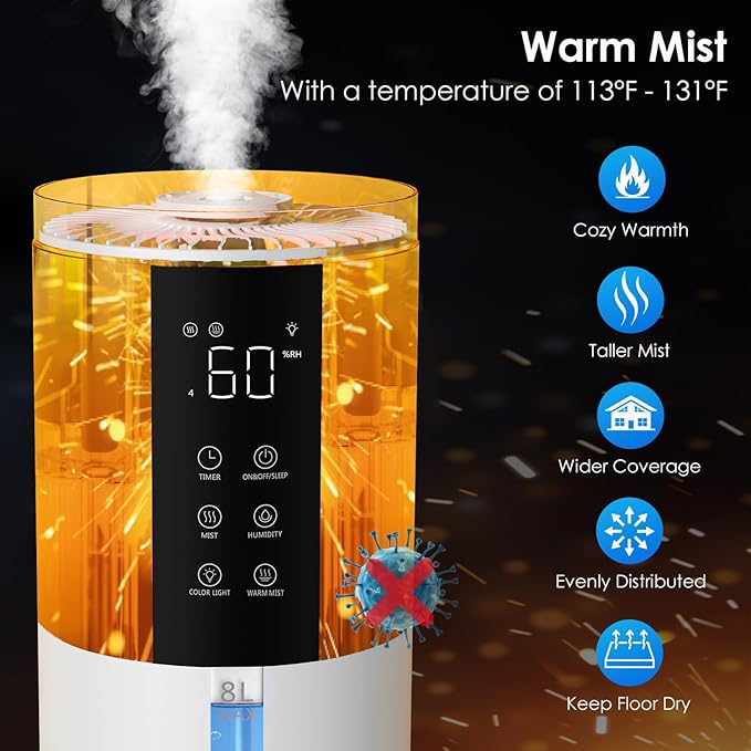 Humidifiers for Bedroom - GloryAir 2.11Gal (8L) Quiet Top Fill Cool & Warm Mist Humidifier Large Room 650 ft² with Humidistat, diffuser, Auto Mode, 7-Color Light for Plants, Baby,Adults, Office & Home