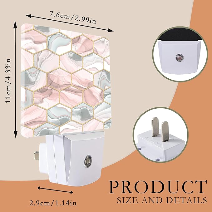 Night Light,Hexagon Golden Gray Red Marble Night Lights Plug into Wall for Boys Girls Bedroom Decorative Half Round Nightlight Led Lamp 0.5W Sleep Friendly