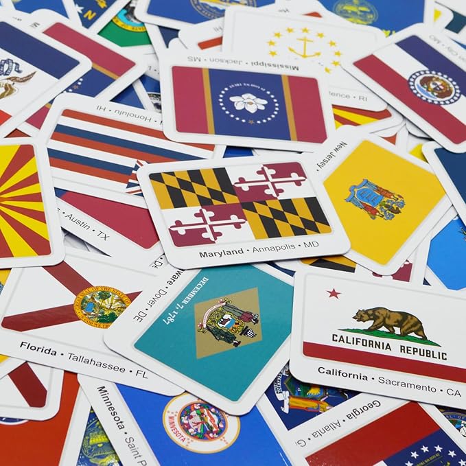 Menique U.S. States Flags Memory Matching Game – 100 Cards (50 Pairs) – Learn State Flags, Capitals & Abbreviations – Educational Card Game for Kids and Adults