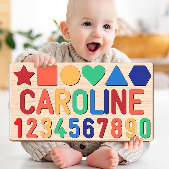 Name Puzzle for Kids Personalized, Custom Wooden Number Puzzles for Toddlers 1-3 with Shape, Personalized Baby Gifts Educational Toys for 1 Year Old Girl Gifts for Birthday Baptism