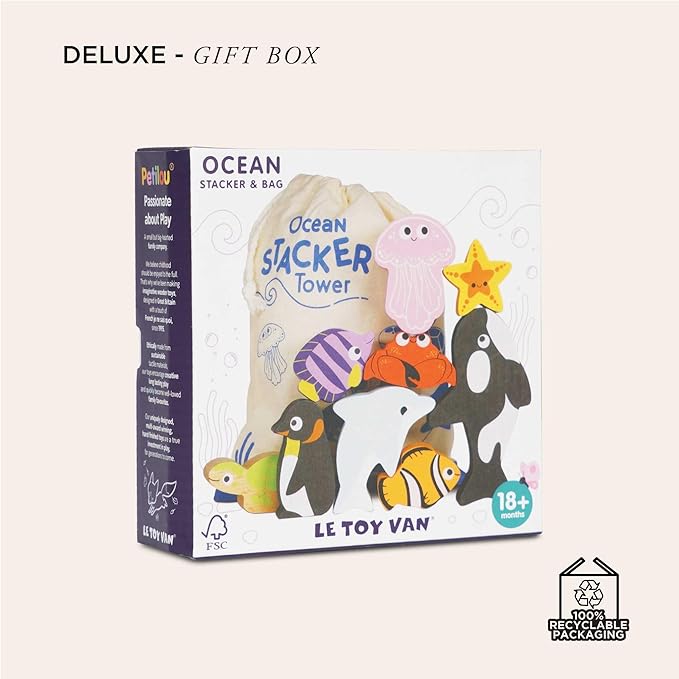 Le Toy Van - Wooden Toys - Petilou Baby & Toddler - Ocean Animal Building Blocks Stacker & Bag - Educational Balancing Activity Toy - Wooden Blocks Aquatic Animal Toys - Kids Toys Age 18 Months+