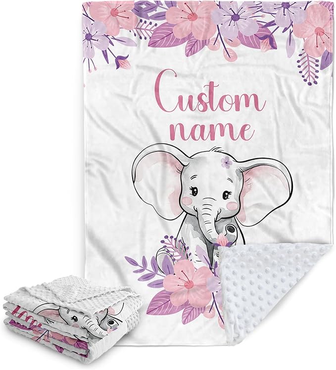 Custom Baby Blanket, Personalized Baby Blankets with Name for Infant Girl Boy, Flannel Double Layer Dotted Backing Receiving Swaddle Blanket, Purple Elephant Toddler Customized Gifts(30"x40")