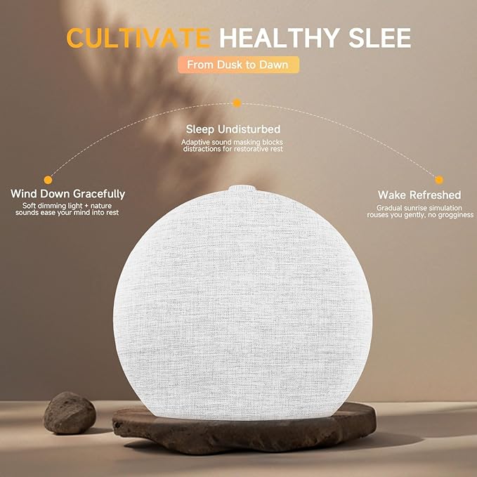 Sunrise Alarm Clock White Noise Sound Machine for Bedroom | Natural Wake-Up Light with 30 Soothing Sleep Aids, Bluetooth Speaker, Dimmable Clock, Screen-Free Design for Baby Adults Kids-White