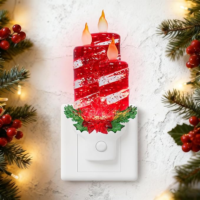 Christmas Candle Night Light Plug into Wall Swirling Glitter USB Portable Christmas Decorative Night Light Decoration for Kids Adults Bedroom Kitchen Living Room Holiday Decor (Red Candles)