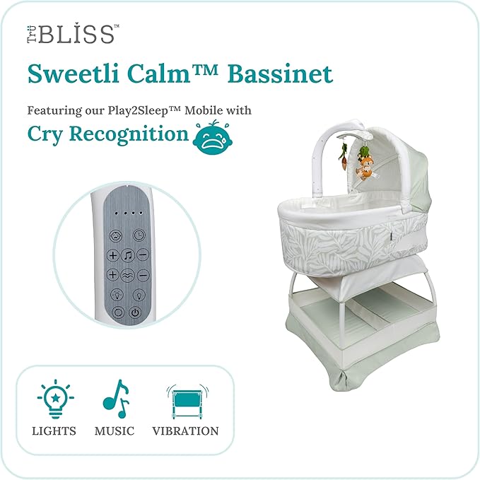 Baby Sweetli Calm Infant Bassinet Bedside Crib Sleeper with Cry Recognition, Electric Mobile with Deluxe Toys, Music, Nightlights, Vibration (Wheat Melange)