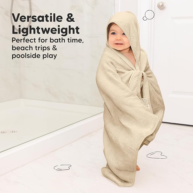 KeaBabies Muslin Hooded Baby Towels for Newborn Girls, Boys - 2-Pack, 30x30 Organic Cotton Baby Bath Towels Hooded, Soft Absorbent, Toddlers, Kids, Infant, Newborn Bath Essentials (Almond, Petite)
