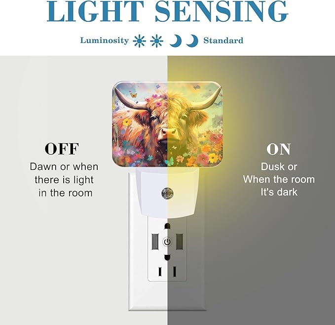 Watercolor Highland Cow Night Light, Flowers and Butterflies Nightlight Plug into Wall with Dusk to Dawn Sensor for Kid Girls Boys Women Men Bedroom, Hallway, Kitchen, Bathroom, Stairs Decor