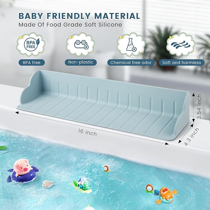 Bathtub Splash Guard for Tub, Silicone Bathtub Caddy Tray with Play Shelf, Kids Bath Tub Shelf and Organizer for Baby Bath Toys, Bath Toy Holder, Toddler Bathtub Accessories(Classic Blue)
