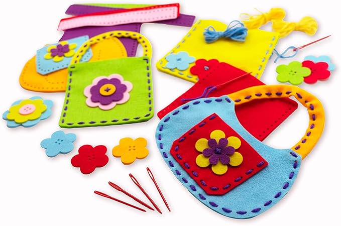 Serabeena Sew Your Own Bags - Sewing Kit for Kids - Felt Crafts for Ages 6-8 Plus - DIY Set Teaches Basic Stitch & Develops Fine Motor Skills - Fun Party Favors or Gifts - 6 Bags & Accessories