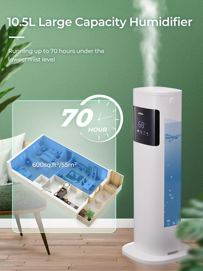 Aiheal Humidifier for Large Room Home, 10.5L Top Fill Cool and Warm Mist Ultrasonic Floor Humidifiers for Baby and Plants with Customized Humidity, Timer, Sleep Mode, Auto Shut Off, Quiet, White