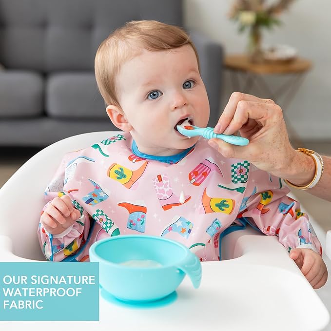 Bumkins Sleeved Bib for Girl or Boy Baby and Toddler for 6-24 Mos, Essential Must Have for Eating, Feeding, Baby Led Weaning Supplies, Long Sleeve Mess Saving Food Catcher, Soft Fabric, Cowgirl Boots