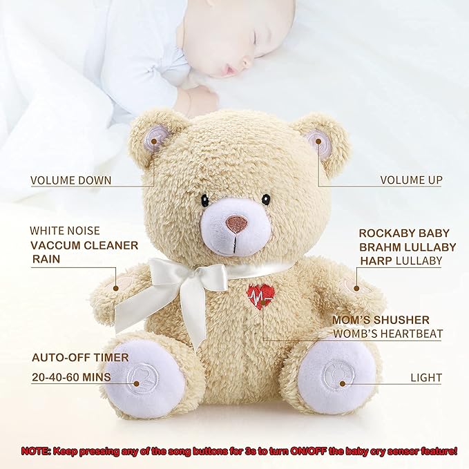 BEREST Sleeping Bear Baby Sleep Soother- Mom's Heartbeat White Noise Machine Infant Stuffed Animal Bear Toy Sleeping Aid, Nursery Decor with Baby Cry Sensor, Night Light, 9 Soothing Sounds Therapy