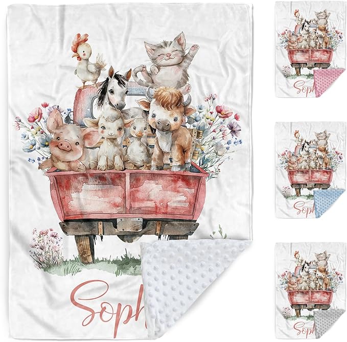 Custom Baby Blanket with Name – Cozy Double Layer Dotted Backing Newborn Receiving Swaddle Blankets, Farm Animals Personalized Gifts for Toddler Infant Boys Girls, Nursery Baby Stuff(30"x40")
