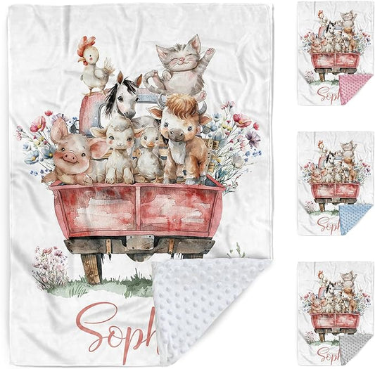 Custom Baby Blanket with Name – Cozy Double Layer Dotted Backing Newborn Receiving Swaddle Blankets, Farm Animals Personalized Gifts for Toddler Infant Boys Girls, Nursery Baby Stuff(47"x60")
