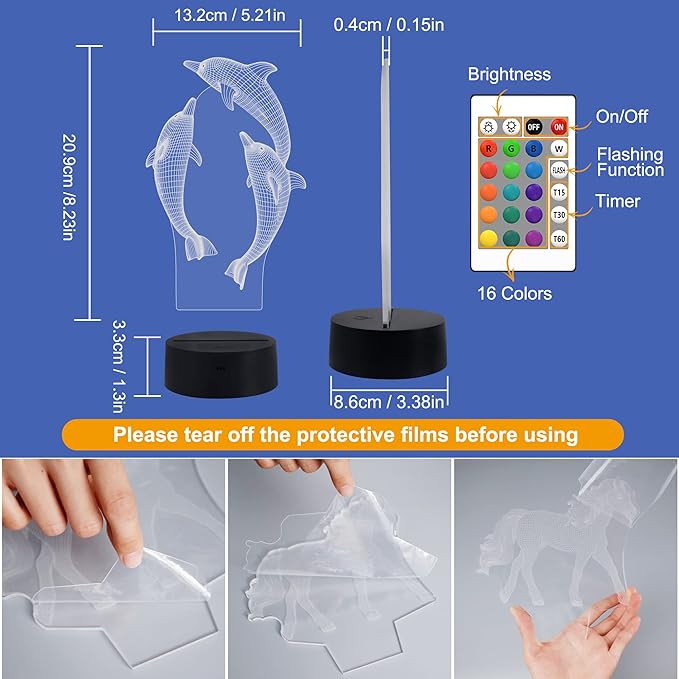 Night Light for Kids Ocean Dolphin 3D Night Light Porpoise Bedside Lamp with Remote Control 16 Color Changing Xmas Halloween Birthday Gift for Child Baby Girl